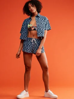 Blue Wave Club Printed - Kurzarm-Jeanshemd Fur Frauen><noscript><img width=